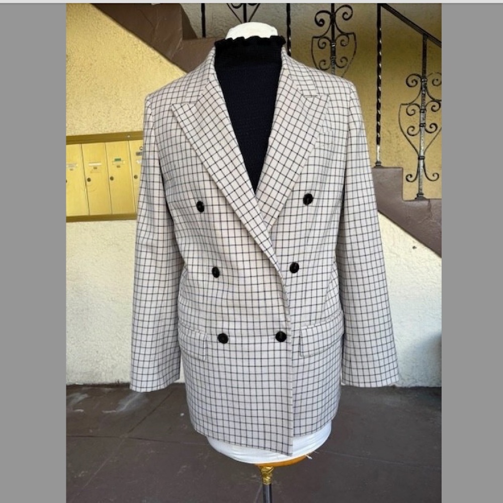 Theory Wheat Grid Pattern Wool Blend Double-Breas… - image 8